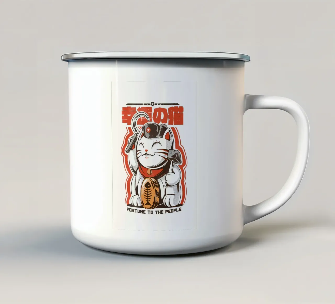 maneki-neko gatto fortunato gatto martello falce stella rosso-berretto collo tazza in smalto da Ashish Kashyap