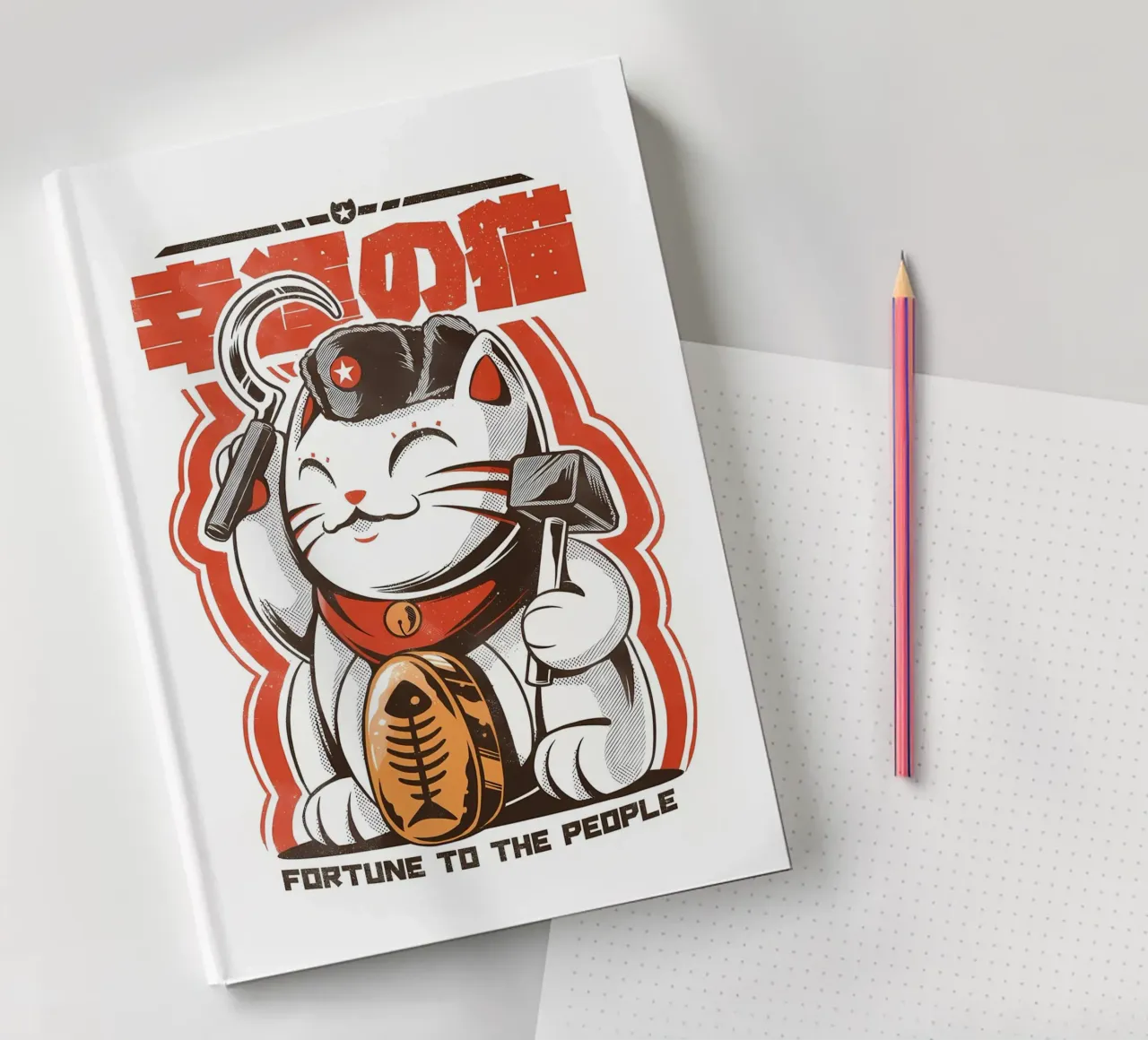 maneki-neko lucky-cat cat hammer sickle star red-beret neckt notebook by Ashish Kashyap