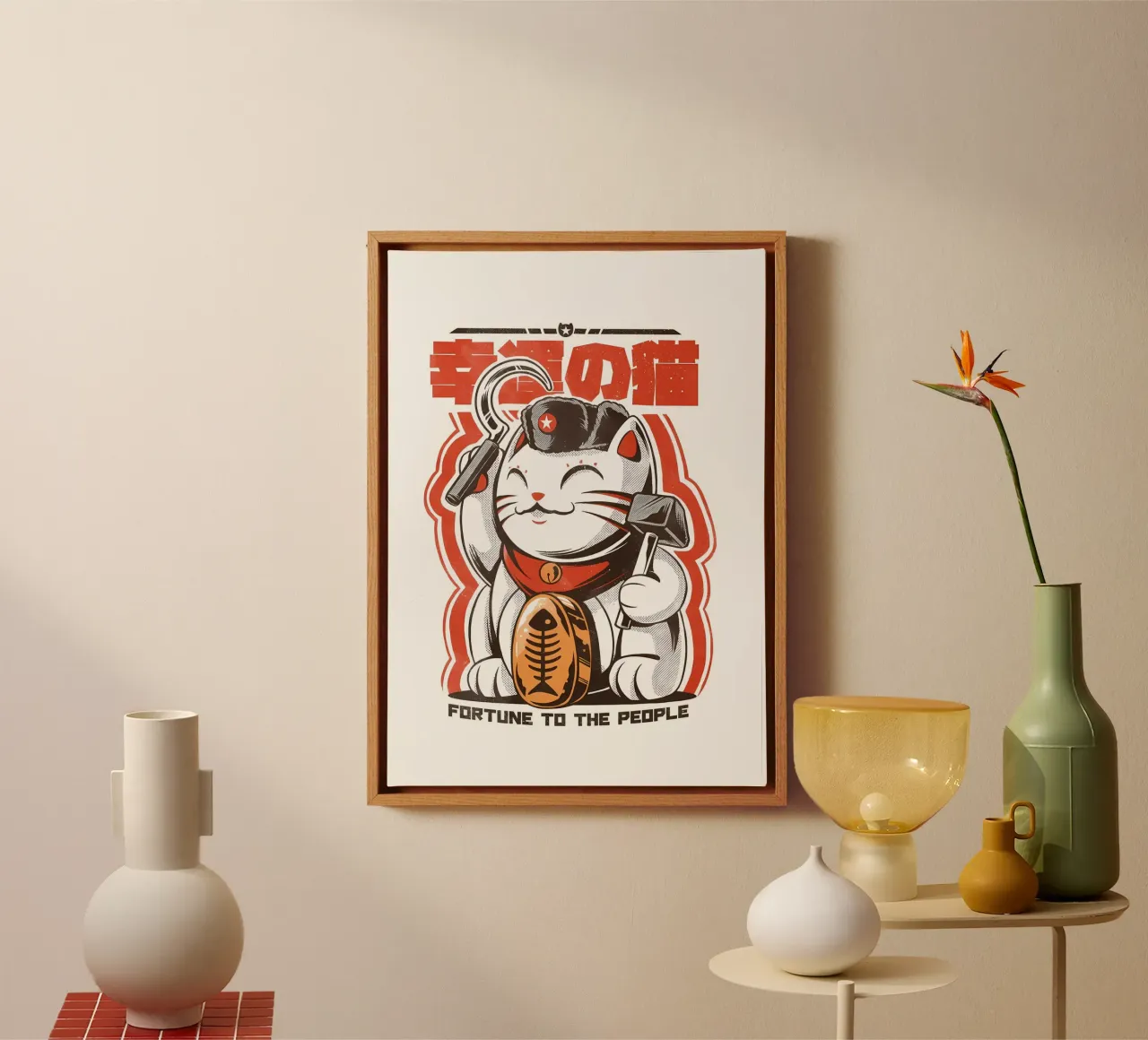 maneki-neko lucky-cat cat hammer sickle star red-beret neckt canvas with Floater frame by Ashish Kashyap