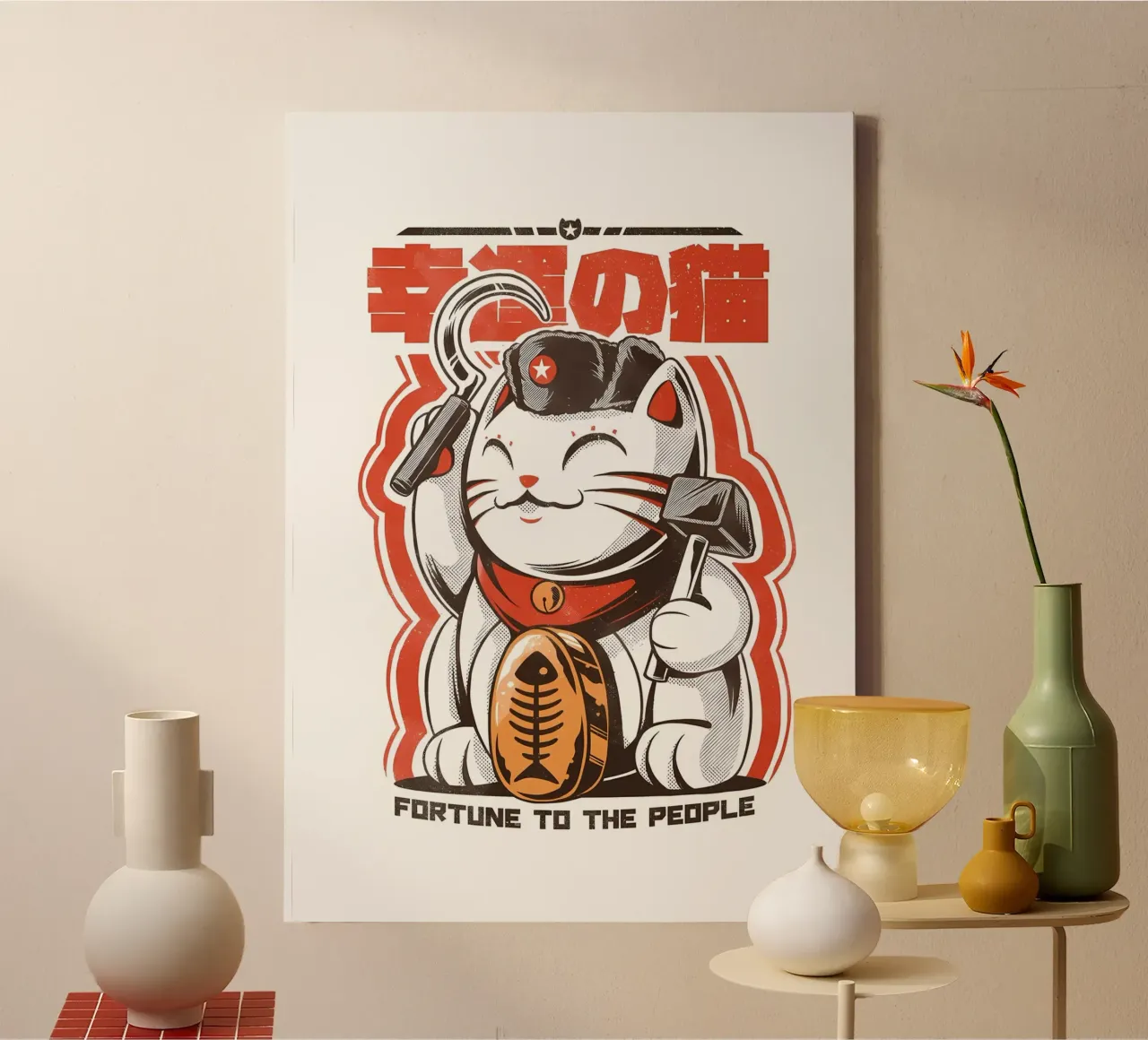 maneki-neko lucky-cat cat hammer sickle star red-beret neckt canvas with Floater frame by Ashish Kashyap