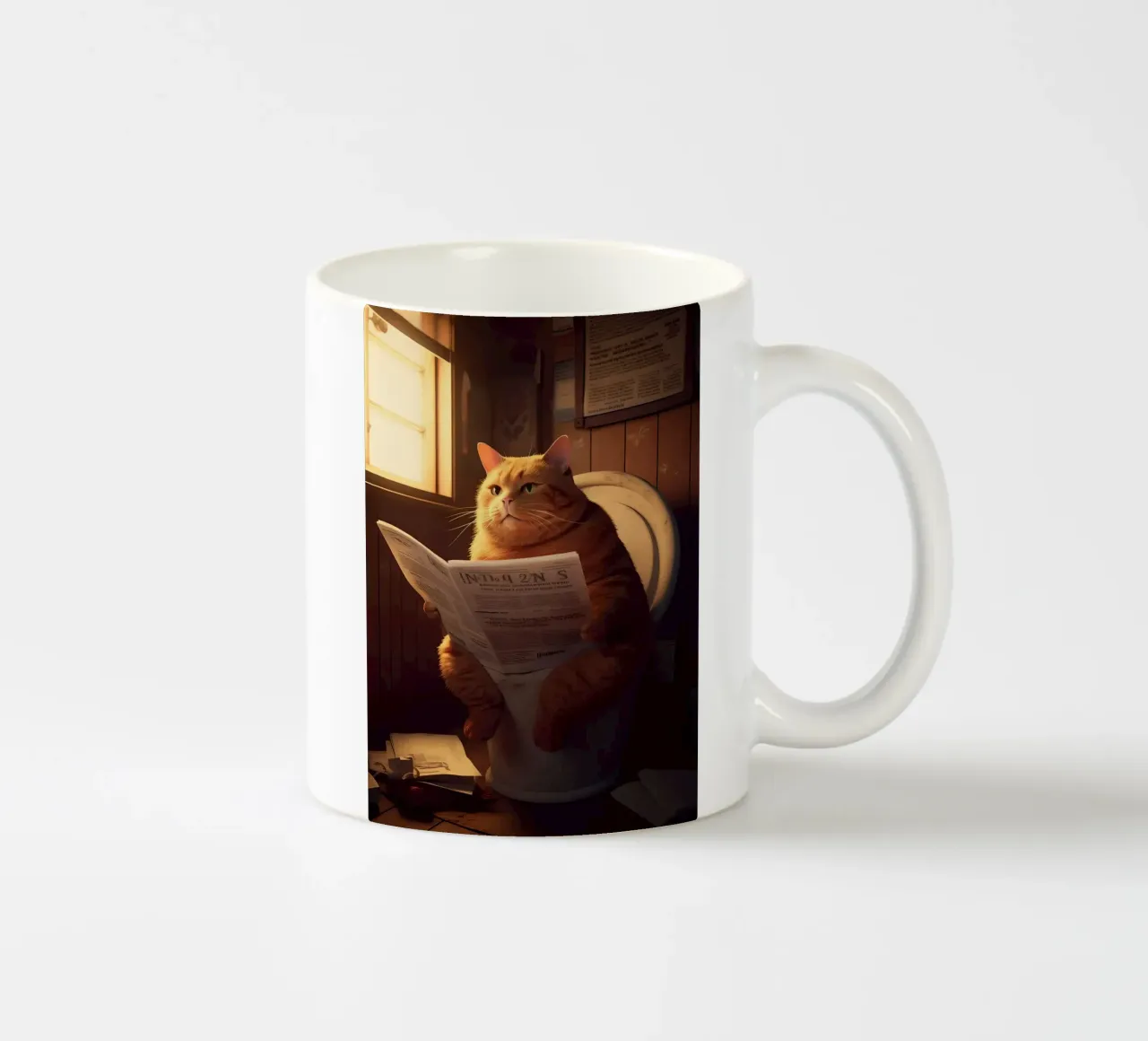 cat toilet newspaper window wooden walls sunlight sitting re ceramic mug by Ashish Kashyap
