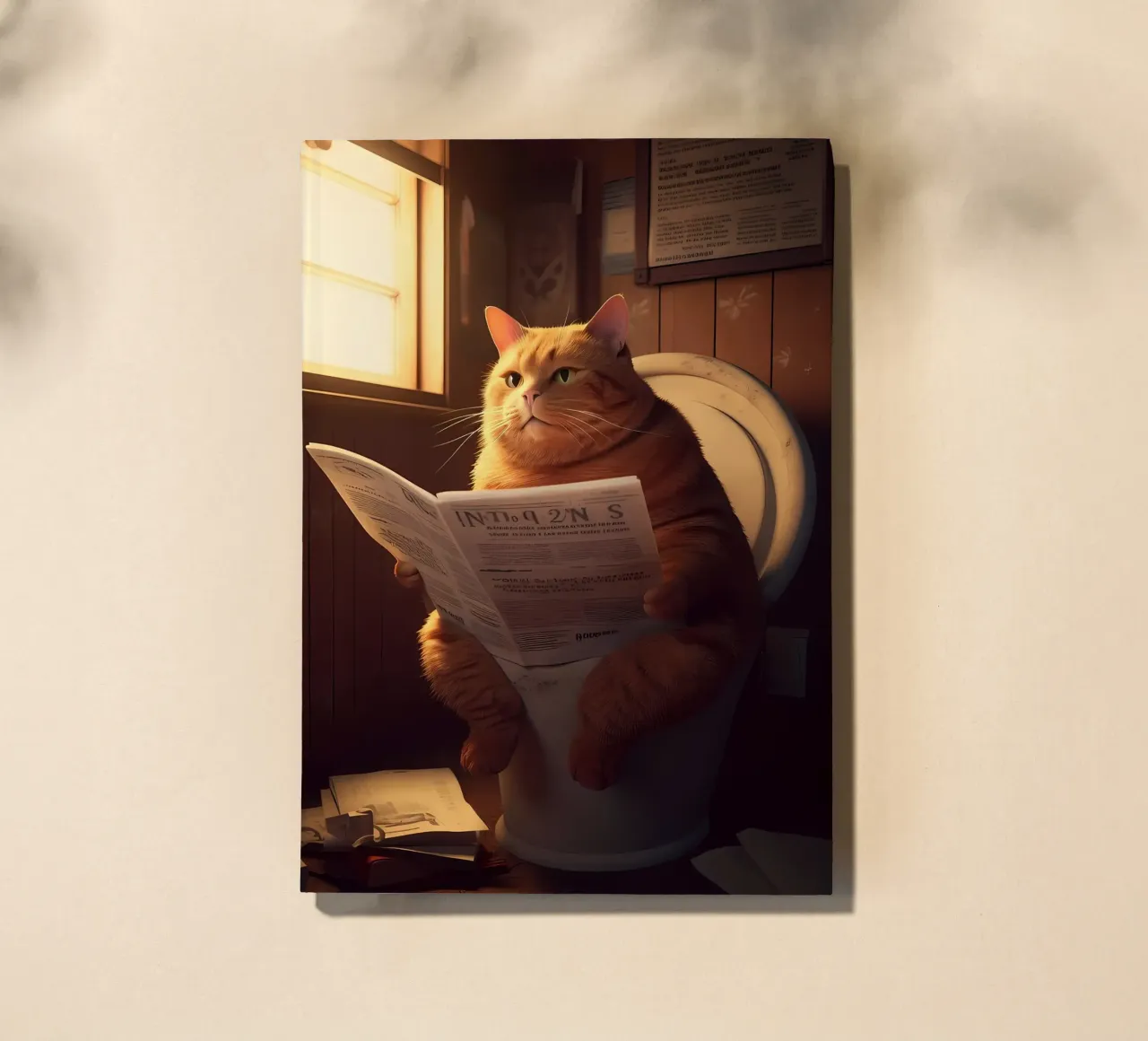 cat toilet newspaper window wooden walls sunlight sitting re notebook by Ashish Kashyap