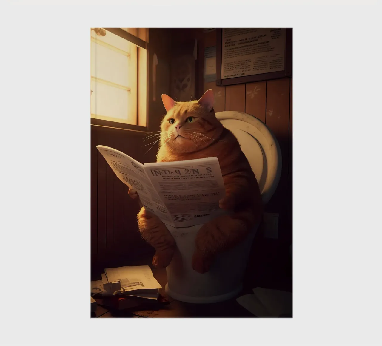 cat toilet newspaper window wooden walls sunlight sitting re notebook by Ashish Kashyap