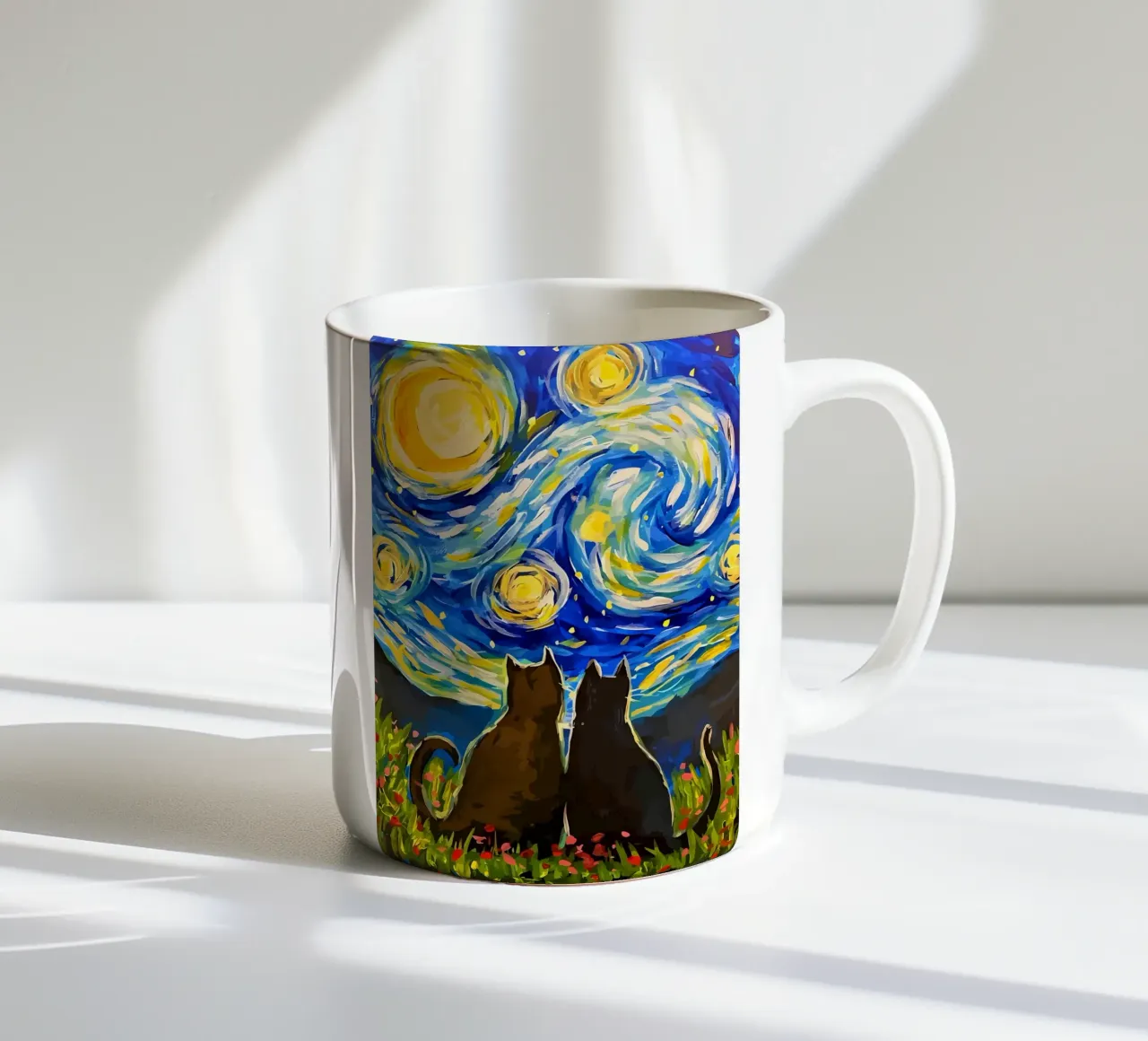 gatti cielo stellato notte scena vorticosa modelli luna fiori f tazza in ceramica da Ashish Kashyap