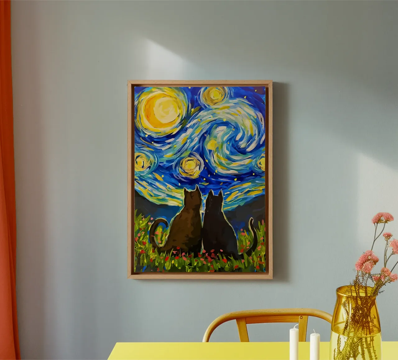 cats starry sky night scene swirling patterns moon flowers f canvas with Floater frame by Ashish Kashyap