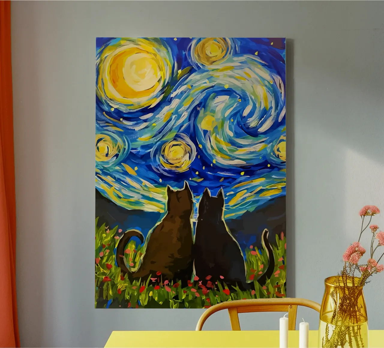 cats starry sky night scene swirling patterns moon flowers f canvas with Floater frame by Ashish Kashyap
