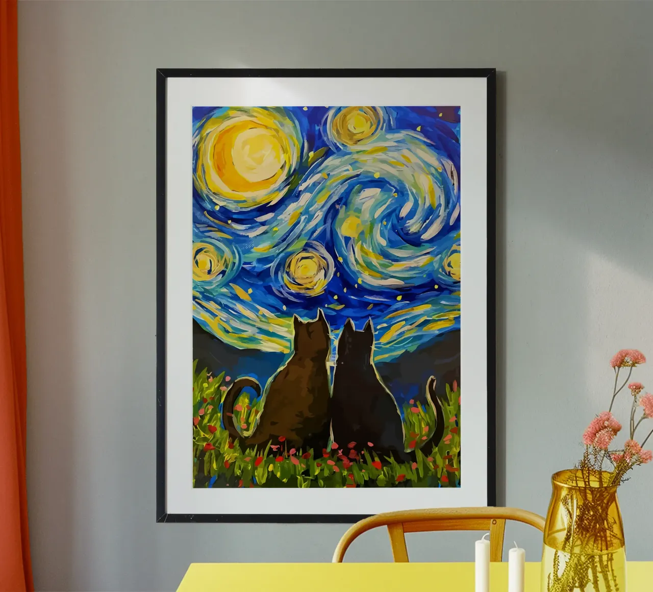 chat ciel étoilé scène de nuit motifs tourbillonnants lune fleurs f poster avec cadre en bois de Ashish Kashyap