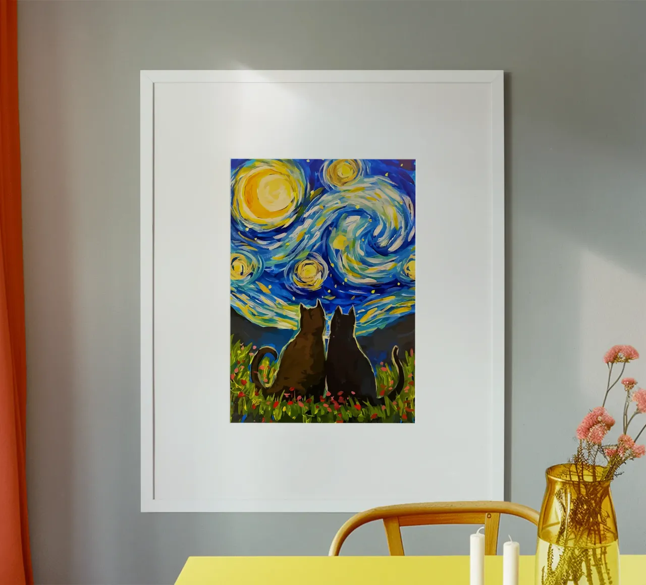 chat ciel étoilé scène de nuit motifs tourbillonnants lune fleurs f poster avec cadre en bois de Ashish Kashyap