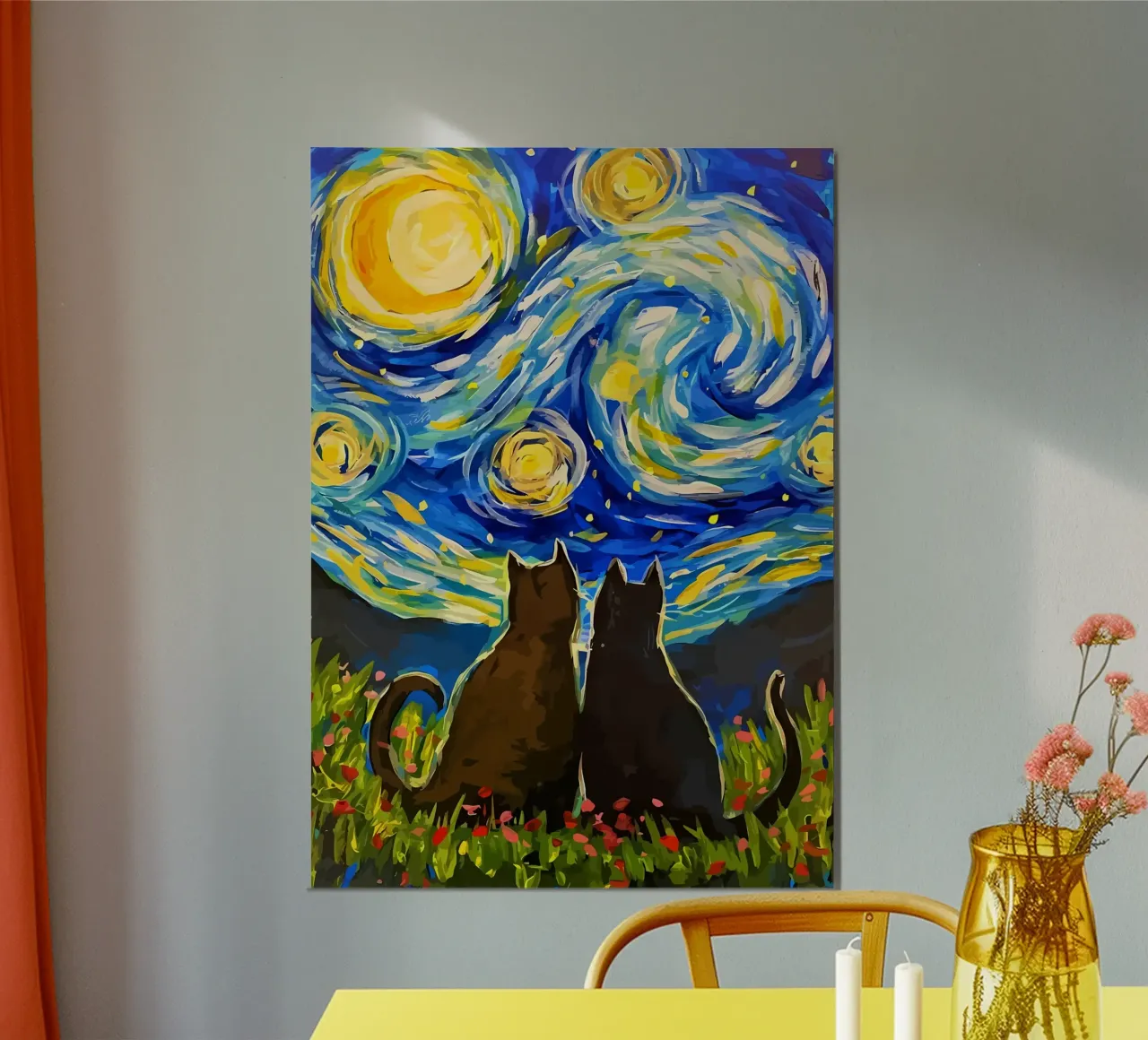 chat ciel étoilé scène de nuit motifs tourbillonnants lune fleurs f poster avec cadre en bois de Ashish Kashyap