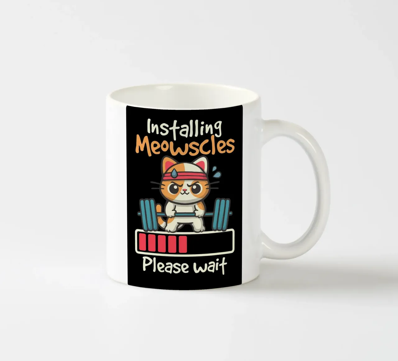 cat dumbbell headband lifting weights exercise sweat loading ceramic mug by Ashish Kashyap