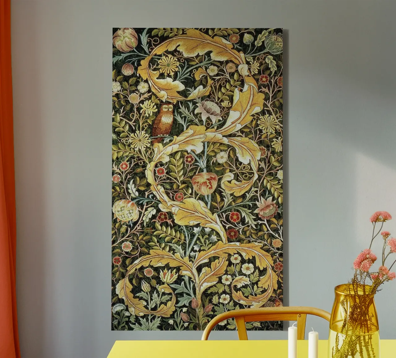 gufo selvatico appollaiato sulle foglie william morris tela con Cornice a cassetta da komo store
