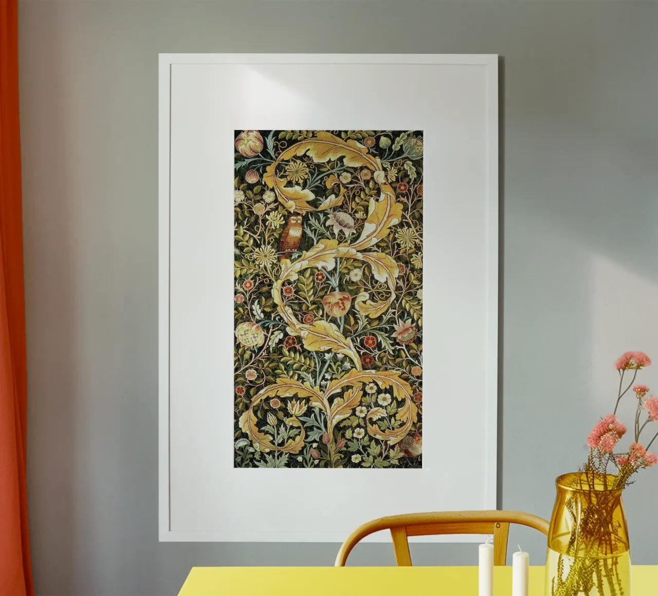 gufo selvatico appollaiato sulle foglie william morris poster con telaio in legno da komo store