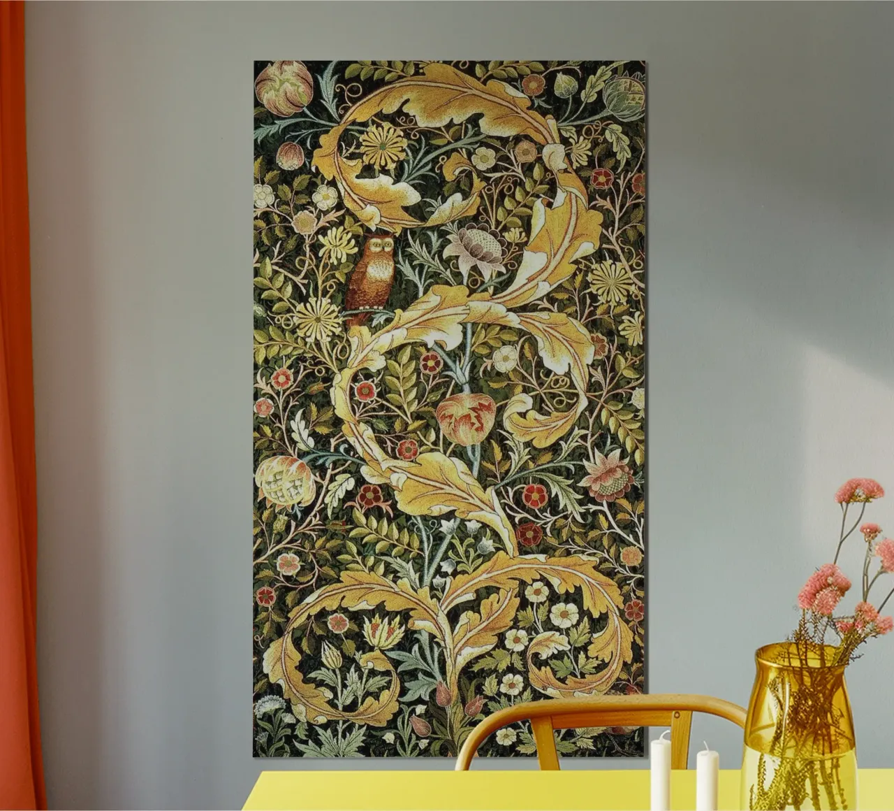 gufo selvatico appollaiato sulle foglie william morris poster con telaio in legno da komo store