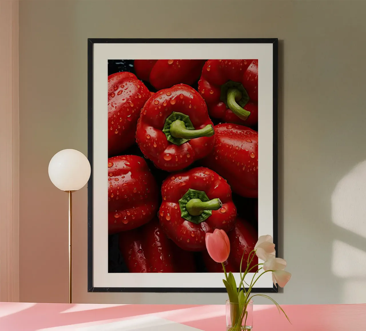peperoni rossi verdure freschezza gocce d'acqua prodotti poster con telaio in plastica da Luke Yaeger
