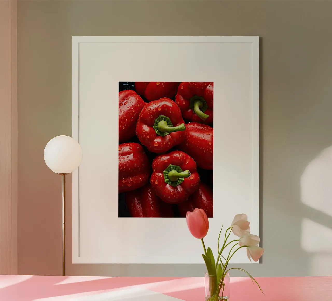 peperoni rossi verdure freschezza gocce d'acqua prodotti poster con telaio in plastica da Luke Yaeger