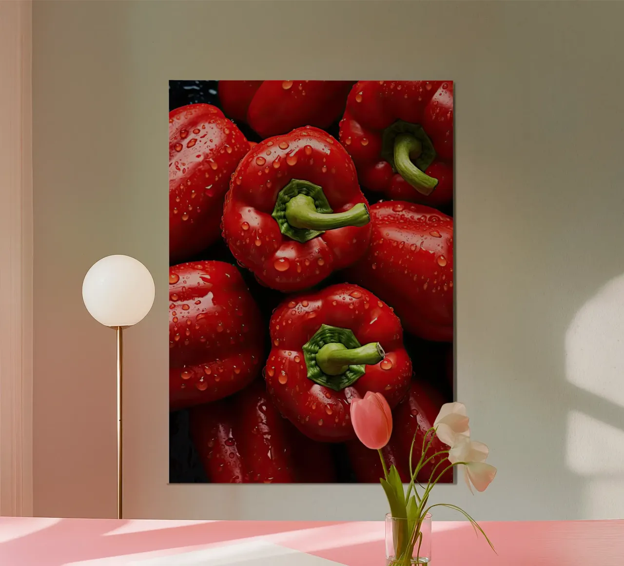 peperoni rossi verdure freschezza gocce d'acqua prodotti poster con telaio in plastica da Luke Yaeger