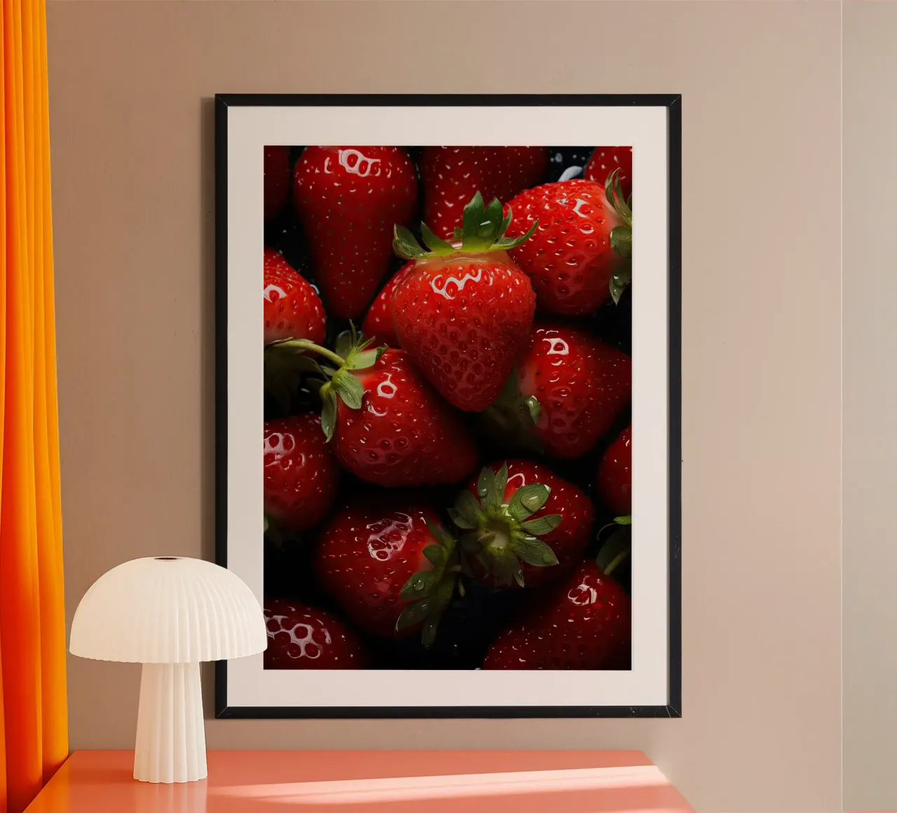 fragole frutta rossa bacche fresche e succose mature foglie verdi poster con telaio in plastica da Luke Yaeger