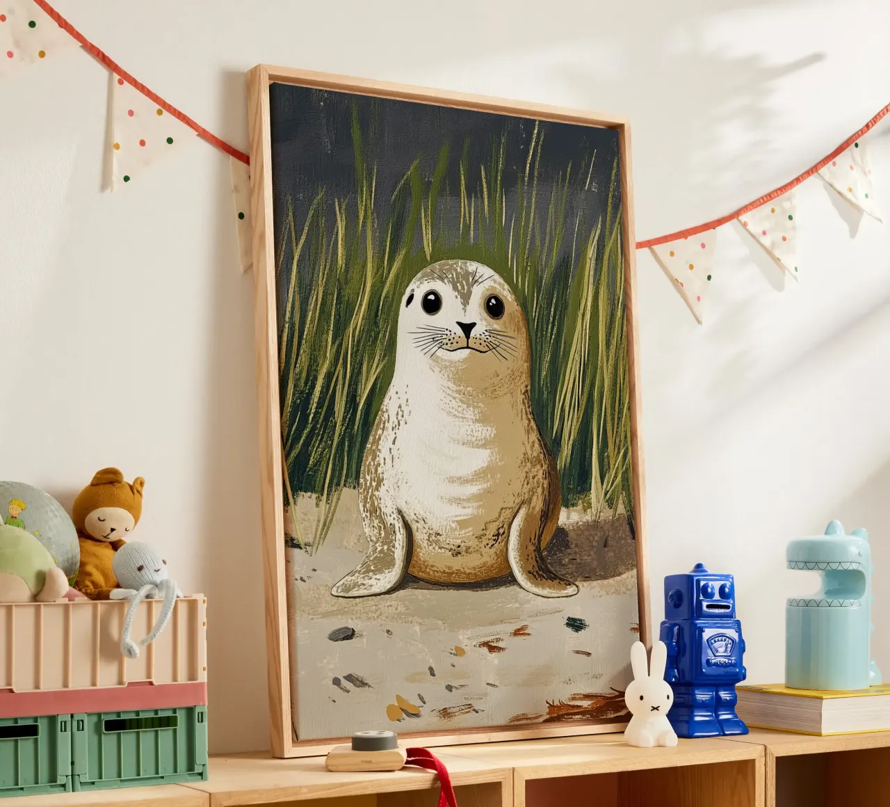 Piccola foca sulla spiaggia tela con Cornice a cassetta da Curious Canvas