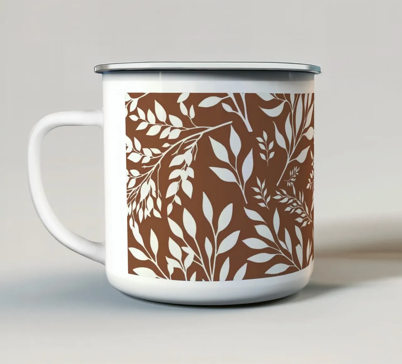 Takken Botanische print Bruin en Wit emaille mok van SilverPegasus