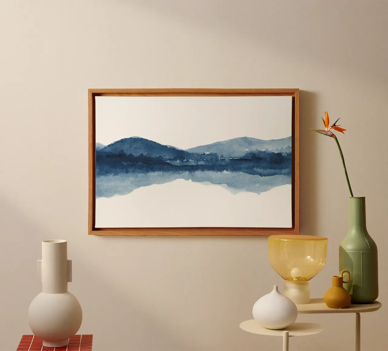 Abstract donkerblauw aquarel landschap canvas met Baklijst van NouveauPrints