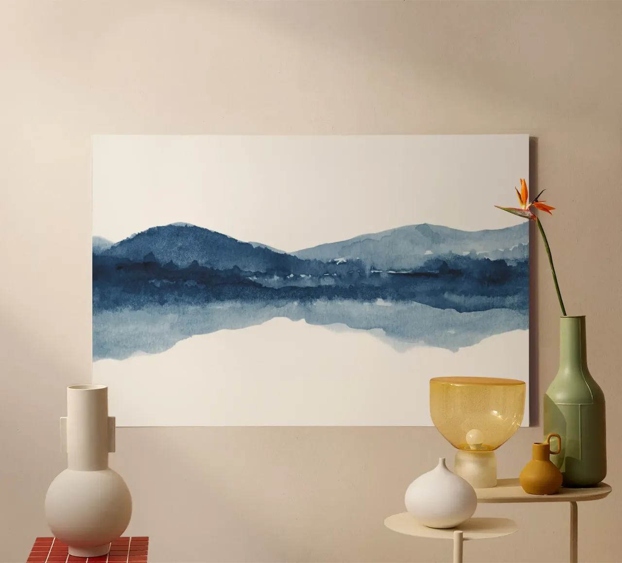 Abstract donkerblauw aquarel landschap canvas met Baklijst van NouveauPrints