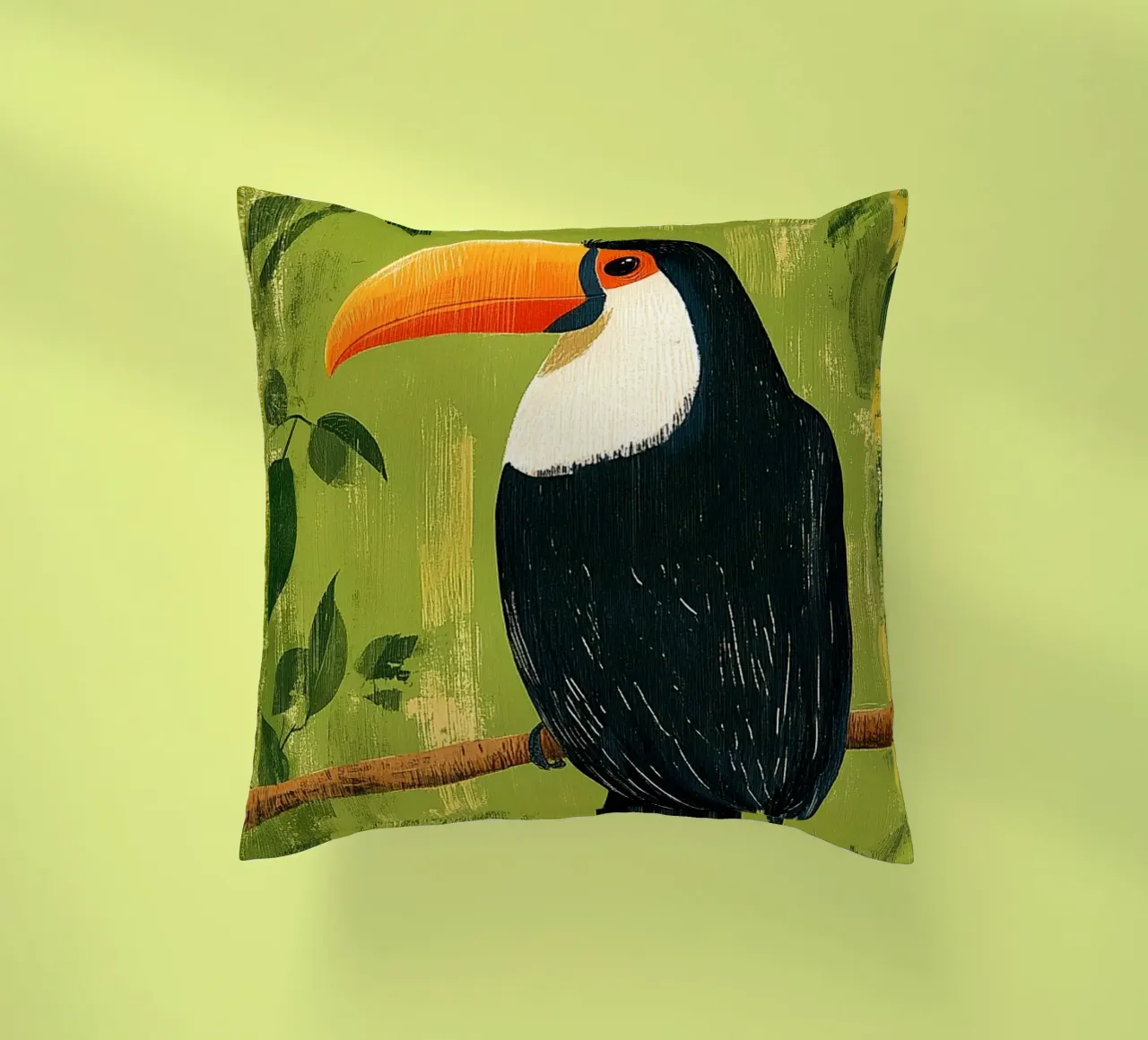 Toucan in the green decorative cushion by Curious Canvas