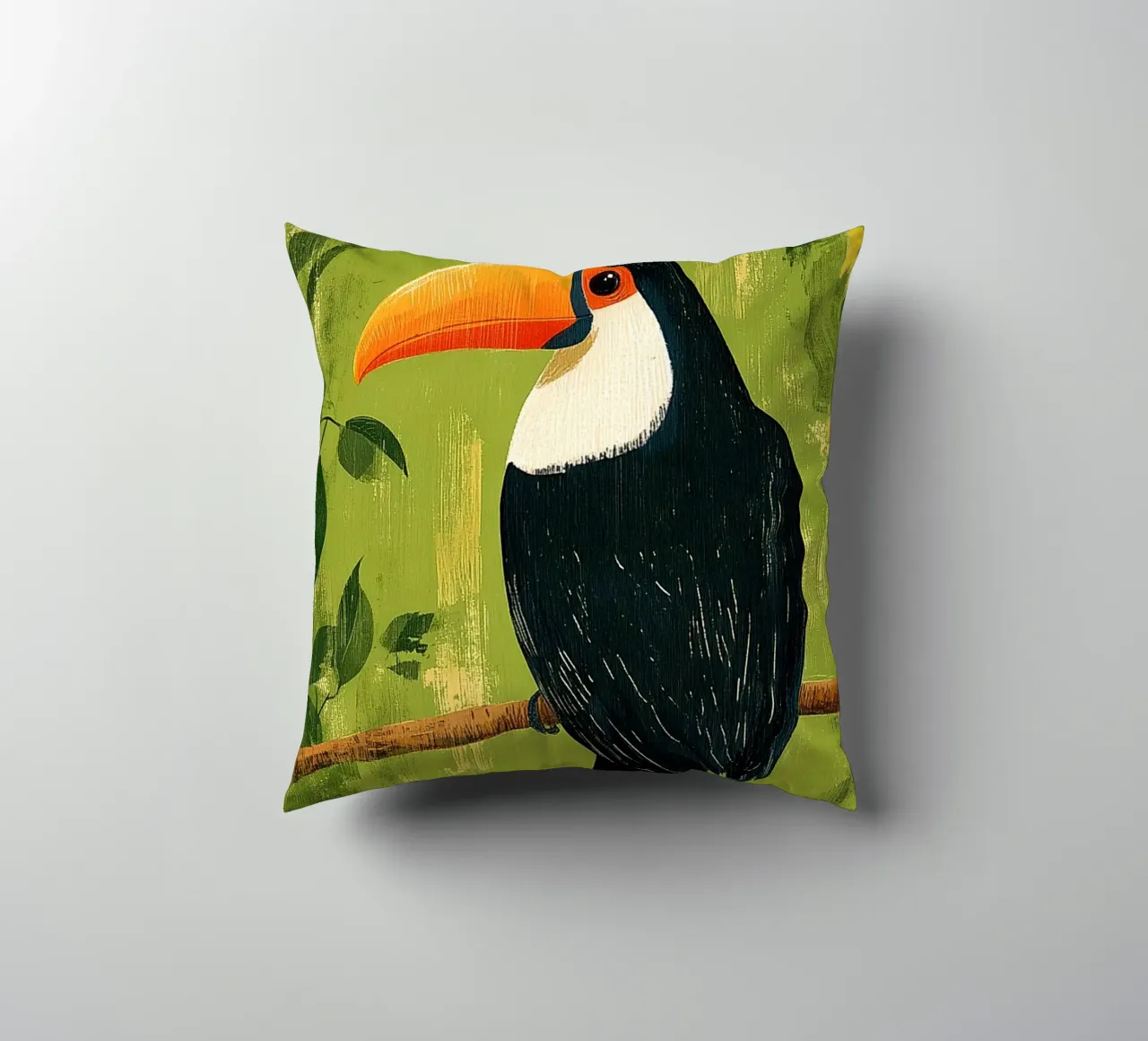 Toucan in the green decorative cushion by Curious Canvas