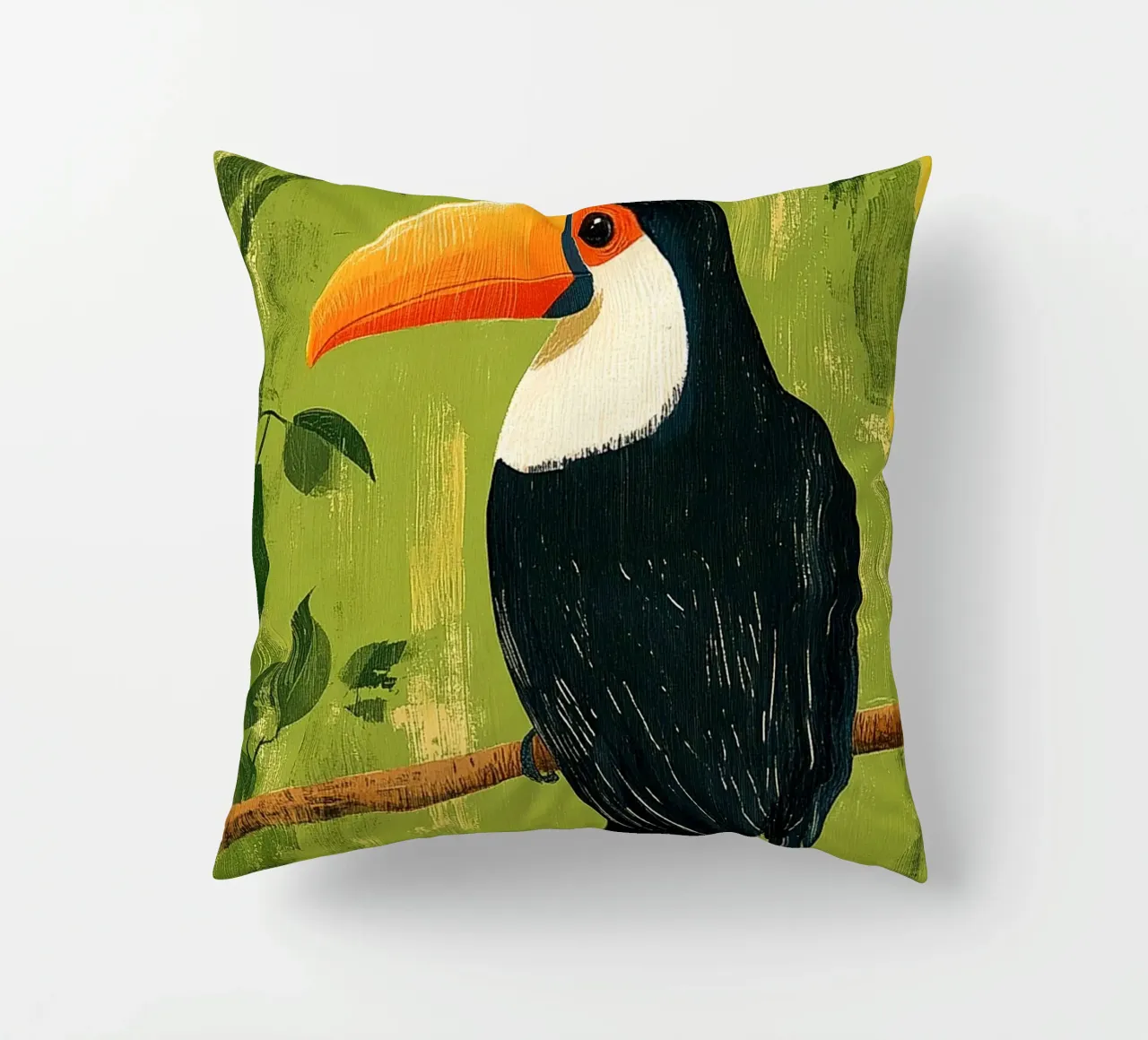 Toucan in the green decorative cushion by Curious Canvas
