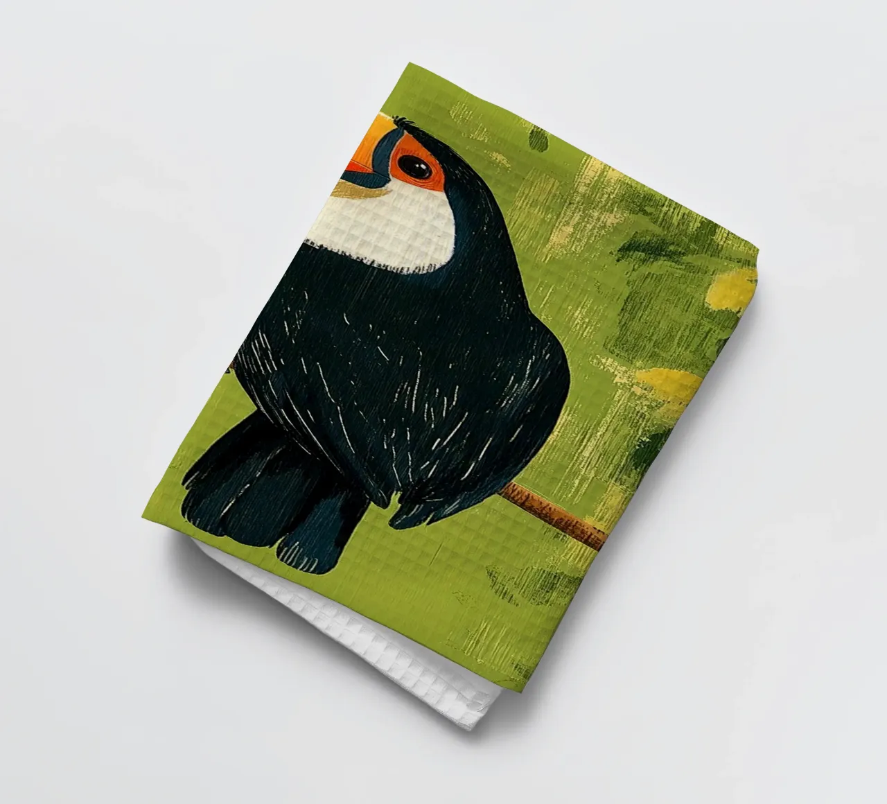 Toucan in the green tea towel by Curious Canvas