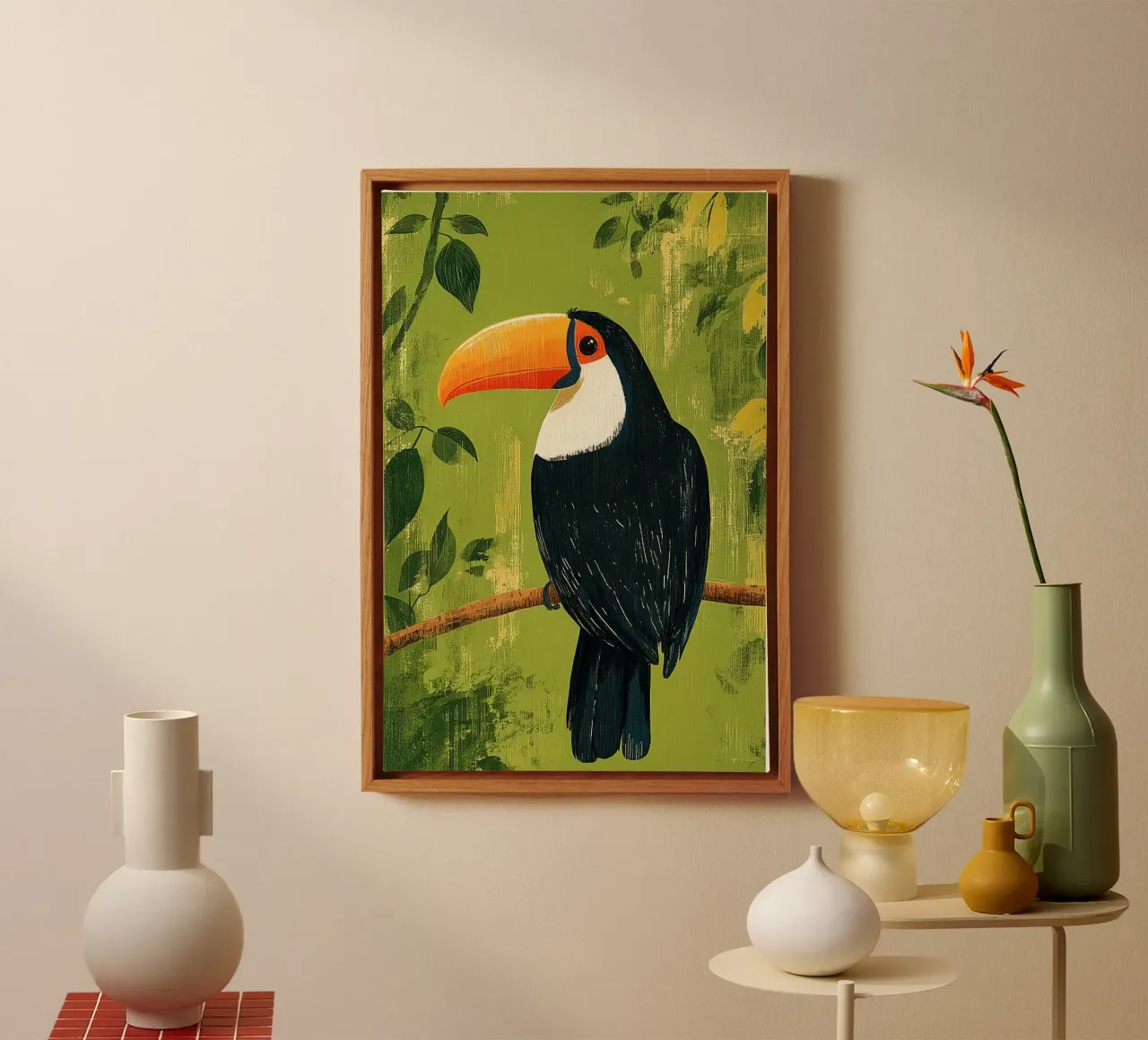 Tukan im Grünen Leinwand mit Schattenfugenrahmen von Curious Canvas