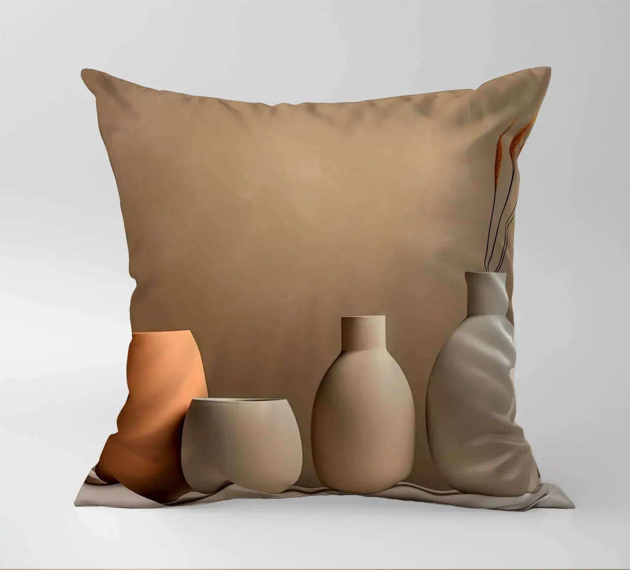 Pottery still life in sand colours decorative cushion by Imagine