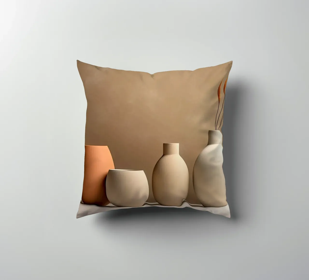 Pottery still life in sand colours decorative cushion by Imagine