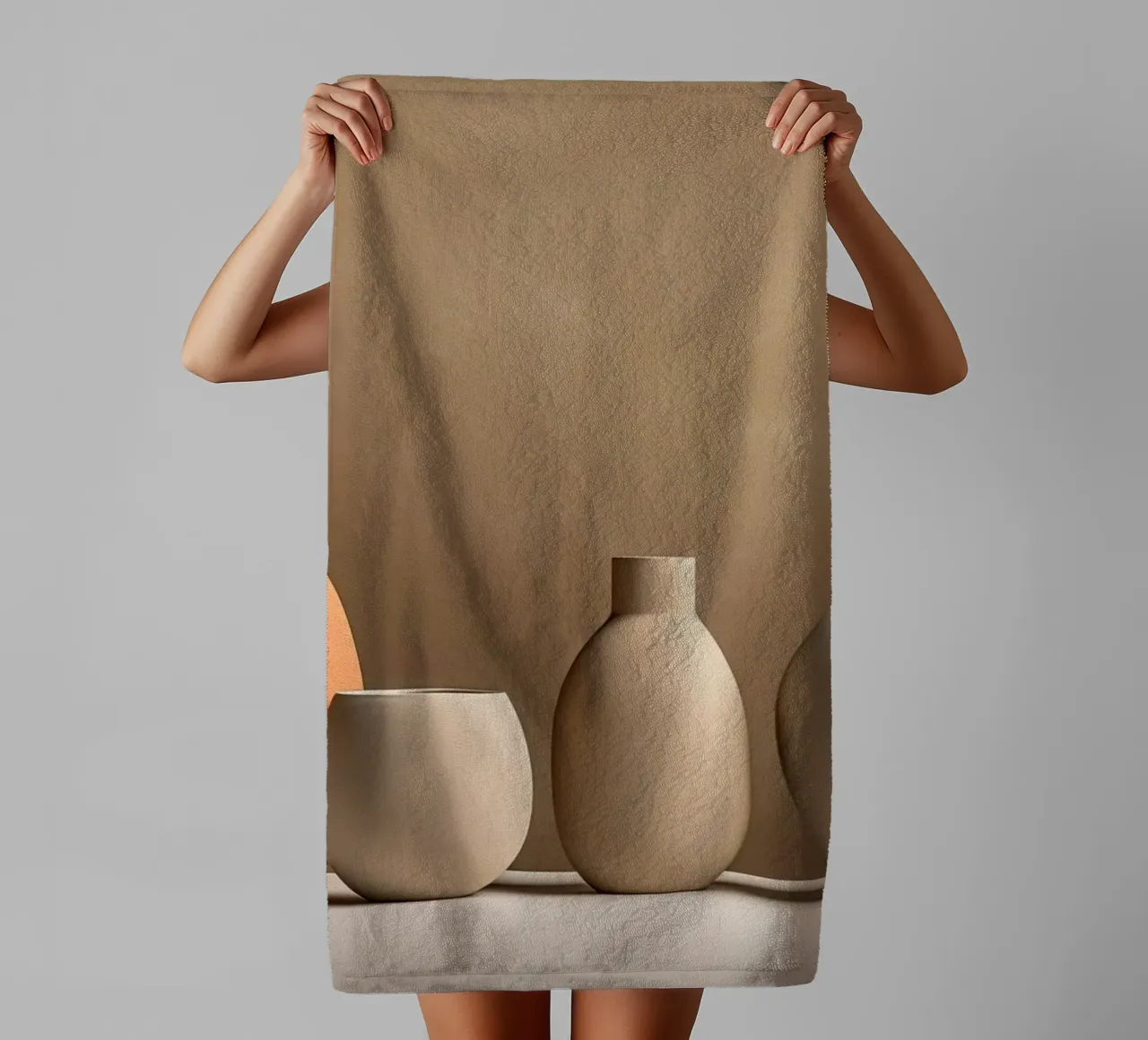 Pottery still life in sand colours towel by Imagine