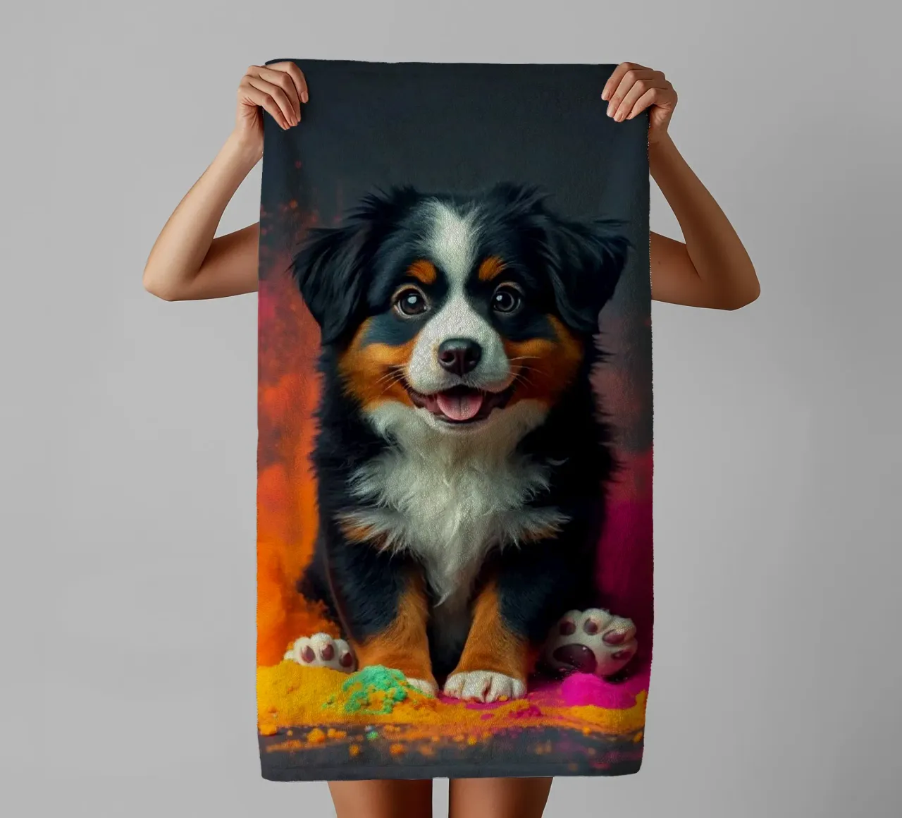 The colorful Bernese Mountain Dog #208 towel by Yumis.Beargang.and.Me
