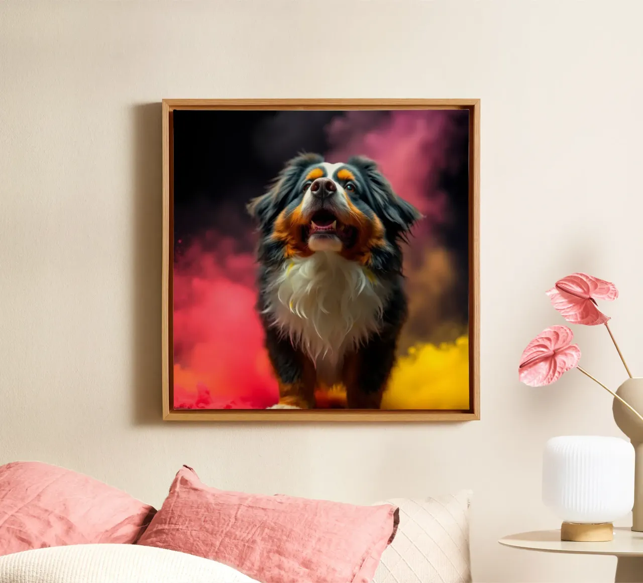 The colorful Bernese Mountain Dog #209 canvas with Floater frame by Yumis.Beargang.and.Me
