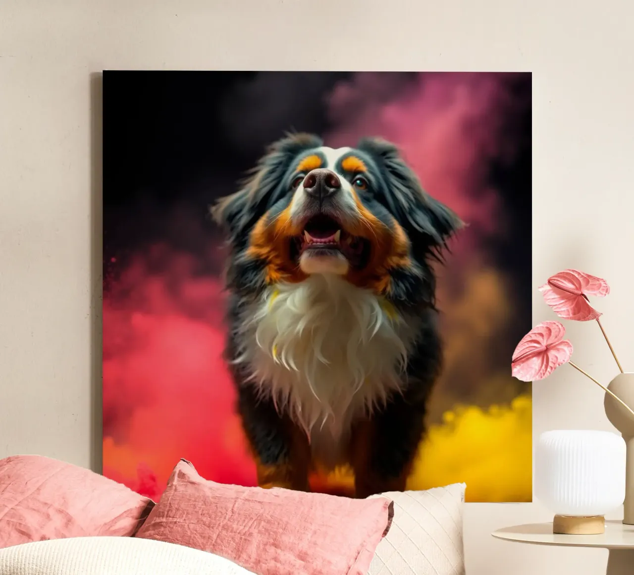 The colorful Bernese Mountain Dog #209 canvas with Floater frame by Yumis.Beargang.and.Me