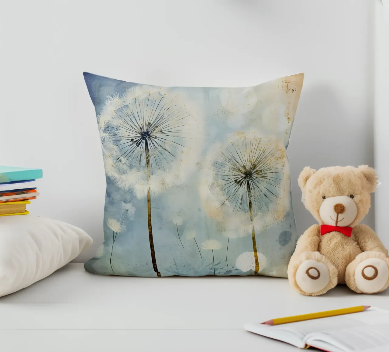 Dandelion fluff on blue background decorative cushion by Imagine