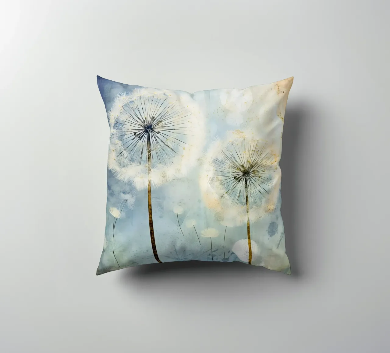 Dandelion fluff on blue background decorative cushion by Imagine