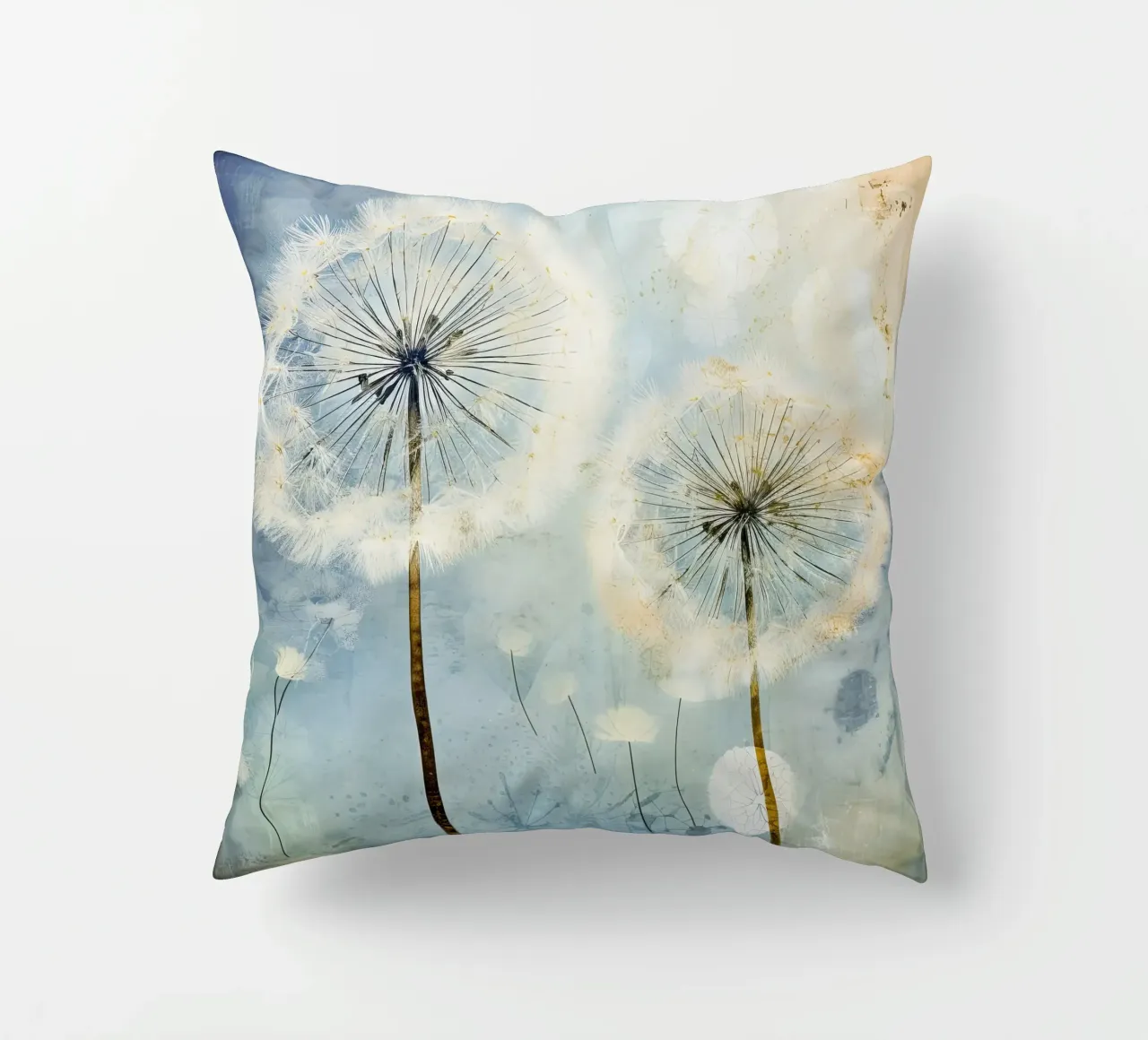Dandelion fluff on blue background decorative cushion by Imagine