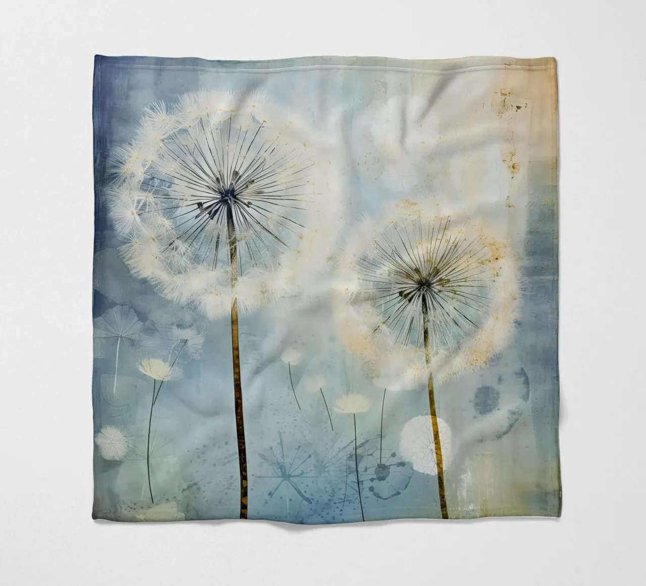Dandelion fluff on blue background fleece blanket by Imagine
