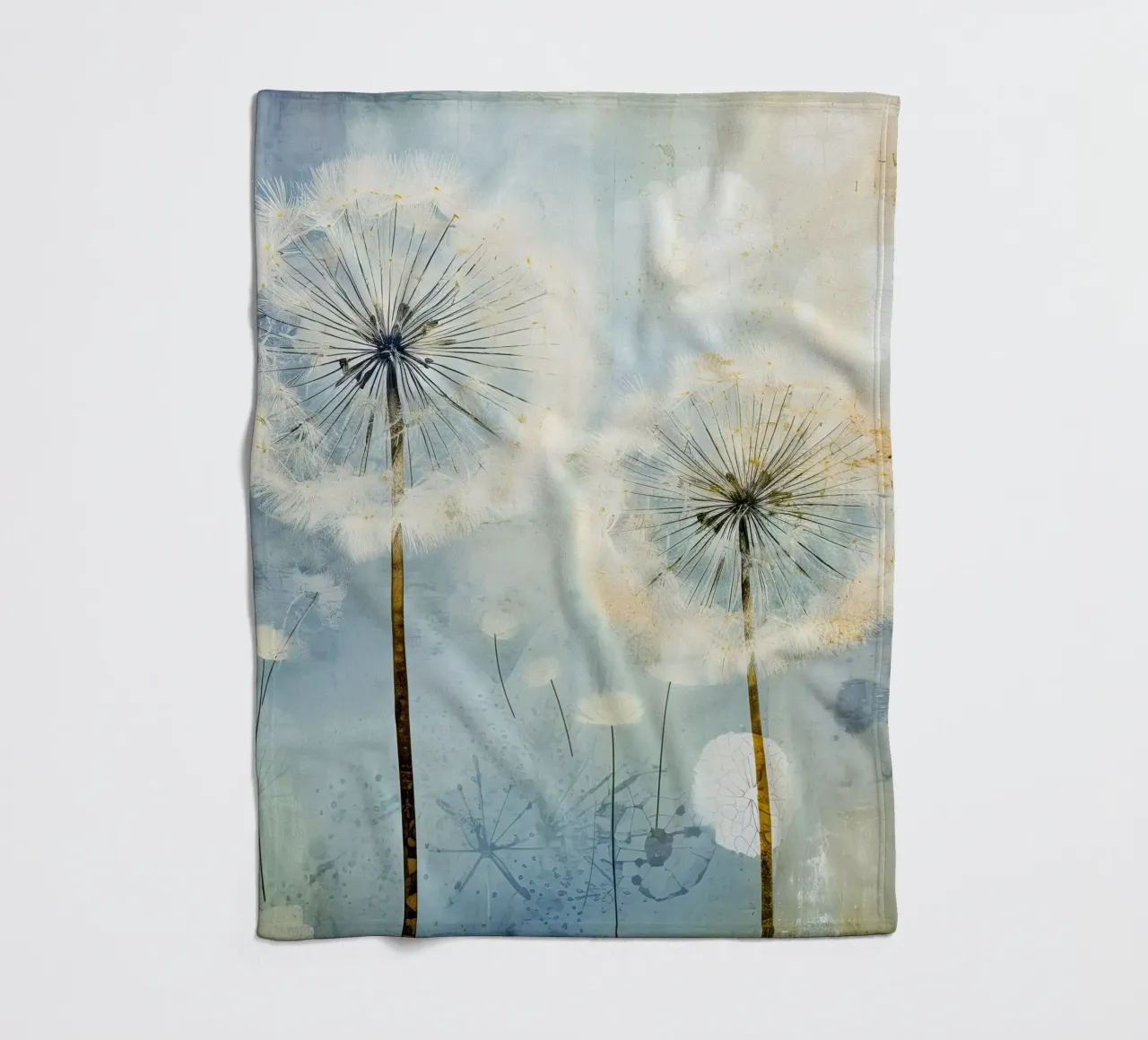Dandelion fluff on blue background fleece blanket by Imagine