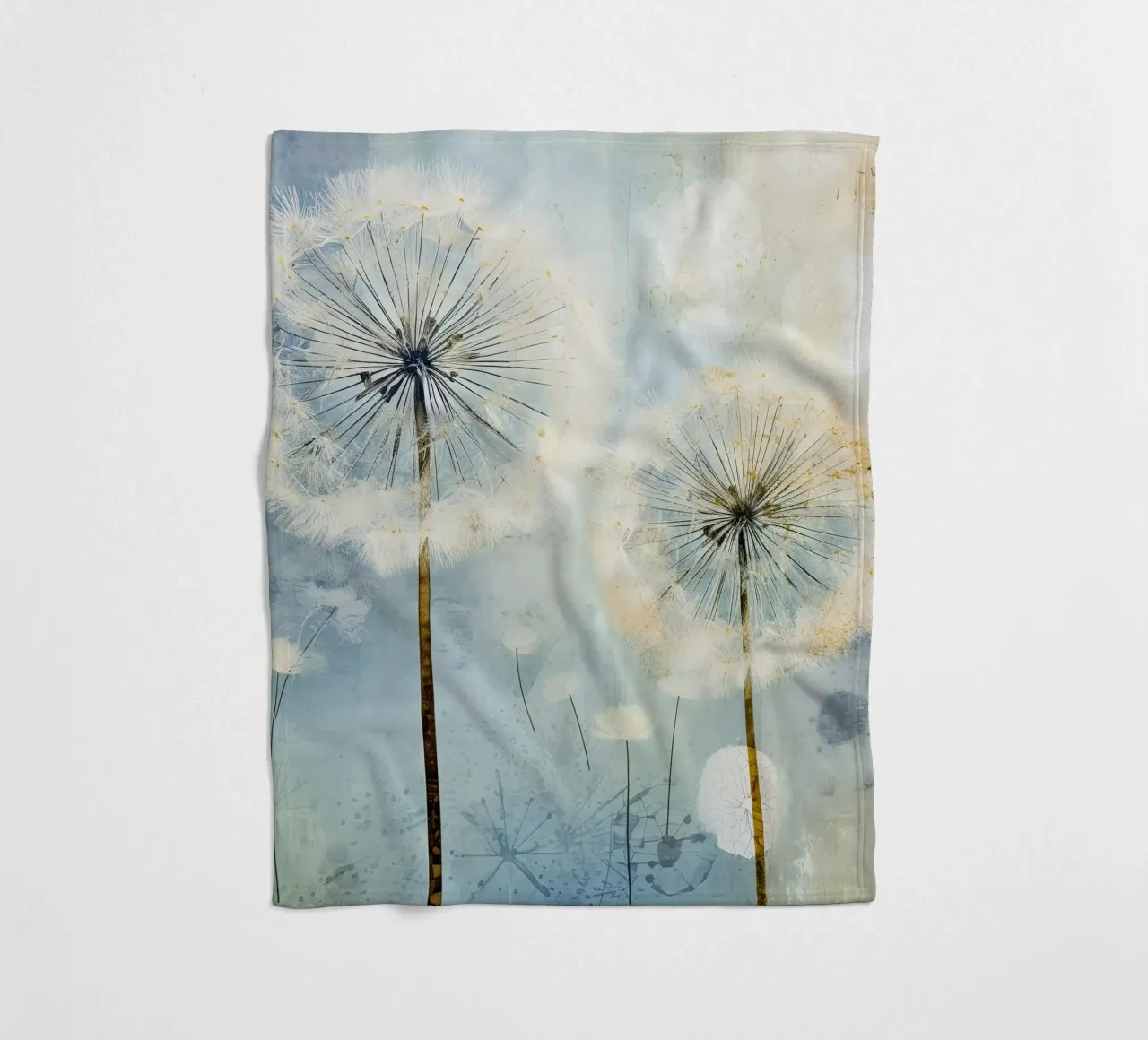 Dandelion fluff on blue background fleece blanket by Imagine