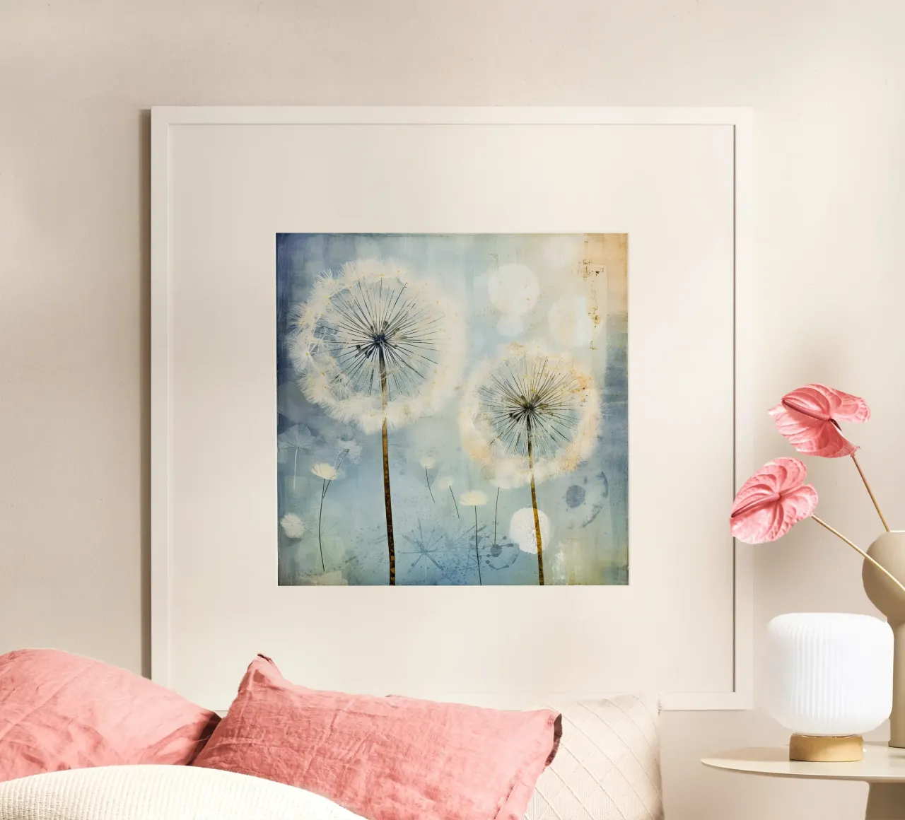 Dandelion fluff on blue background poster by Imagine
