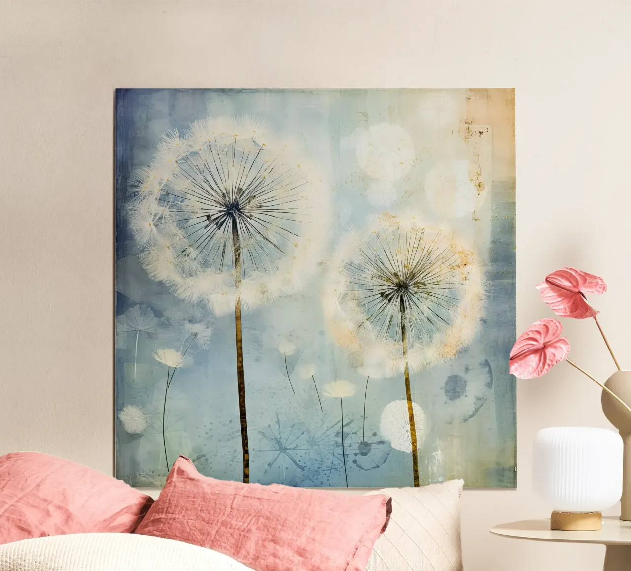 Dandelion fluff on blue background poster by Imagine