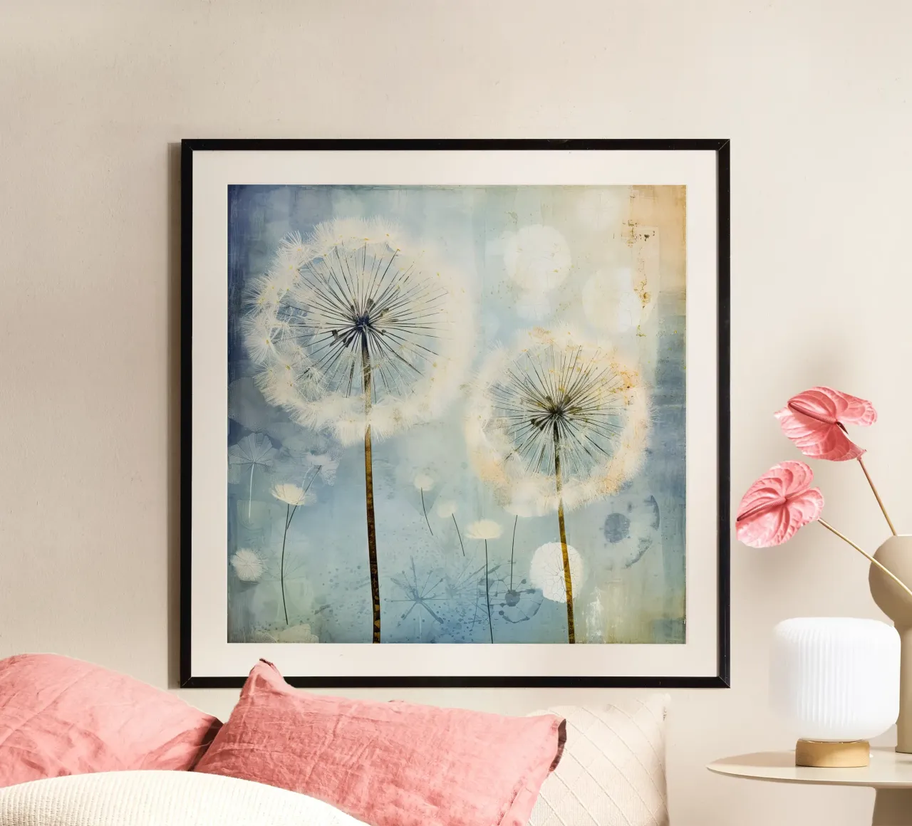 Dandelion fluff on blue background poster by Imagine