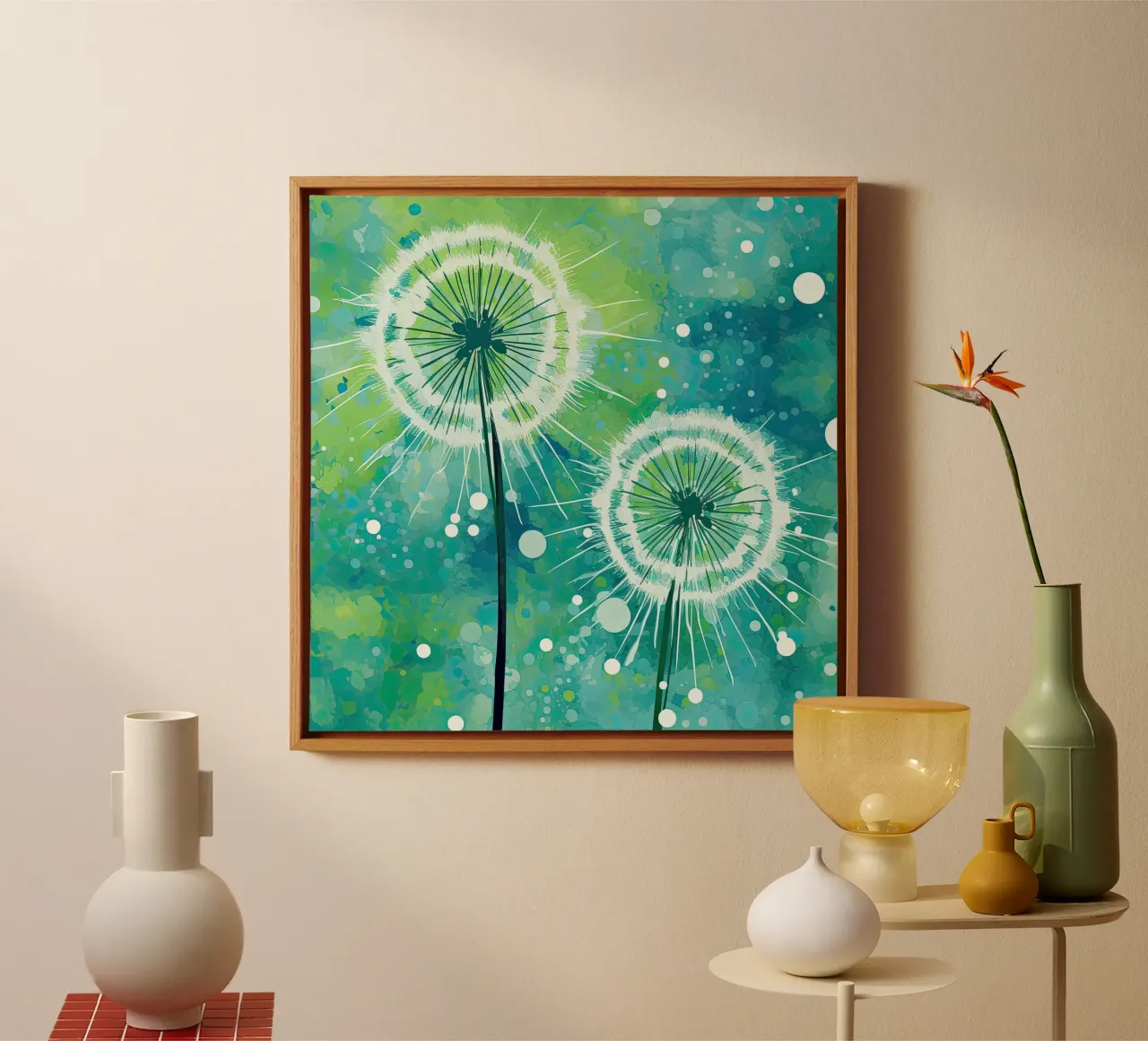 Paardenbloemen, abstract canvas met Baklijst van Imagine