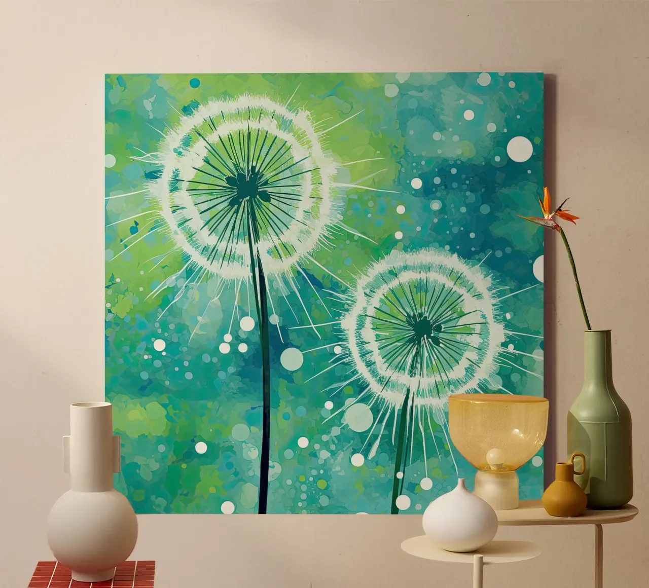 Paardenbloemen, abstract canvas met Baklijst van Imagine