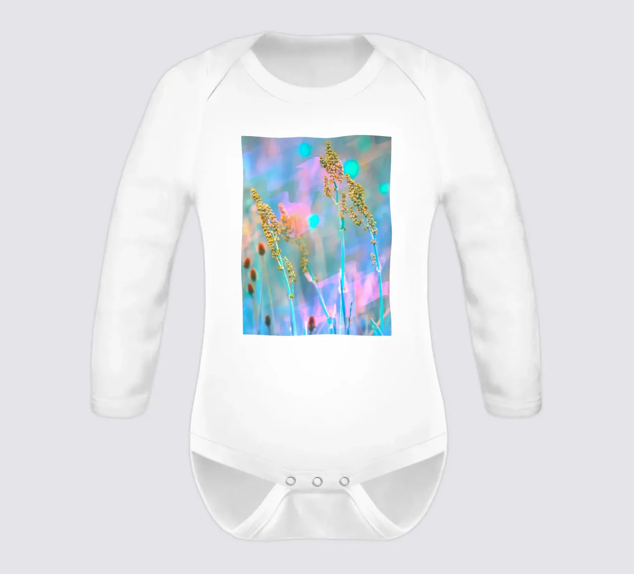 Two meadow flowers in front of an artistic background long-sleeve baby romper by Something for you
