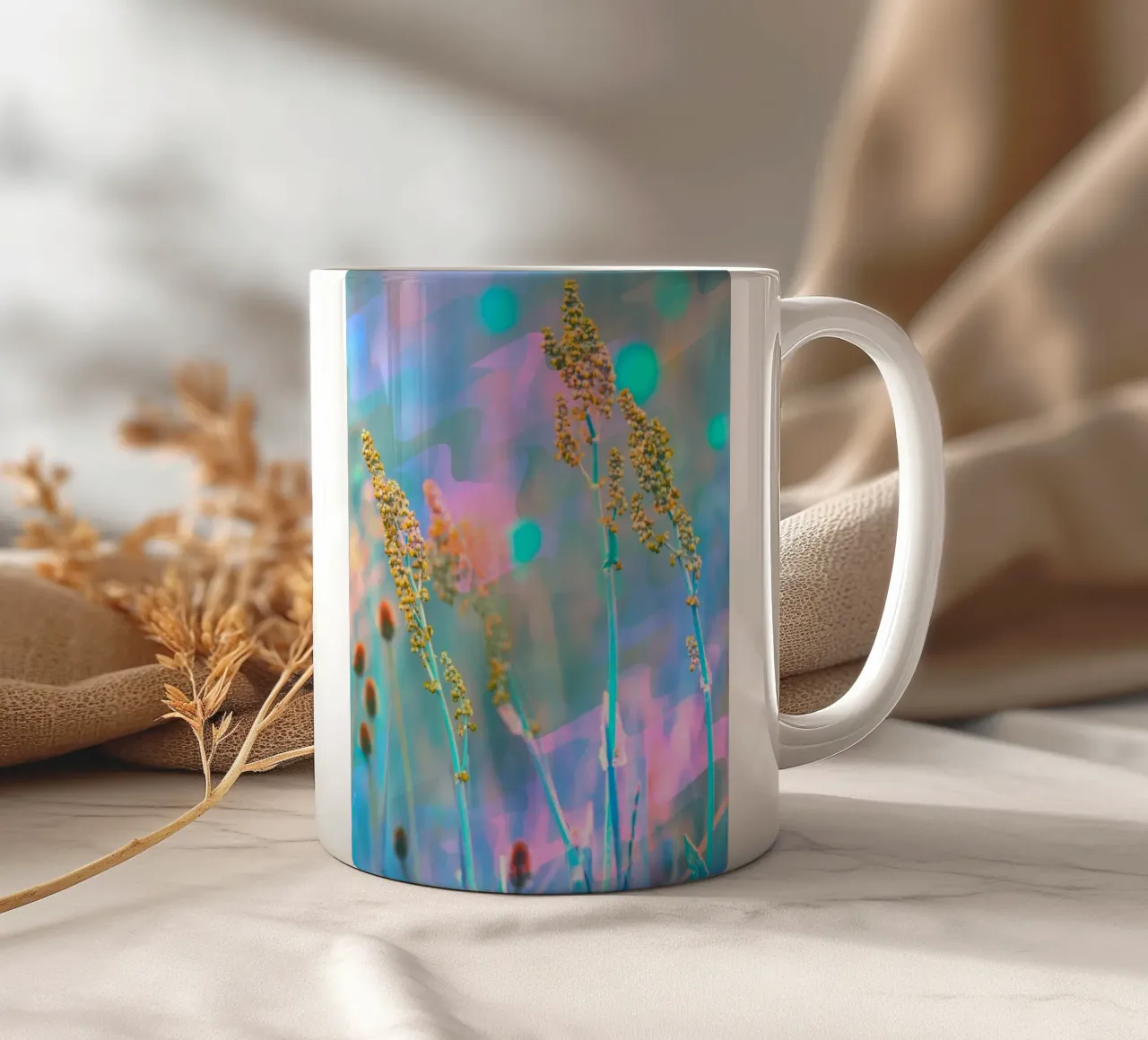 Two meadow flowers in front of an artistic background ceramic mug by Something for you