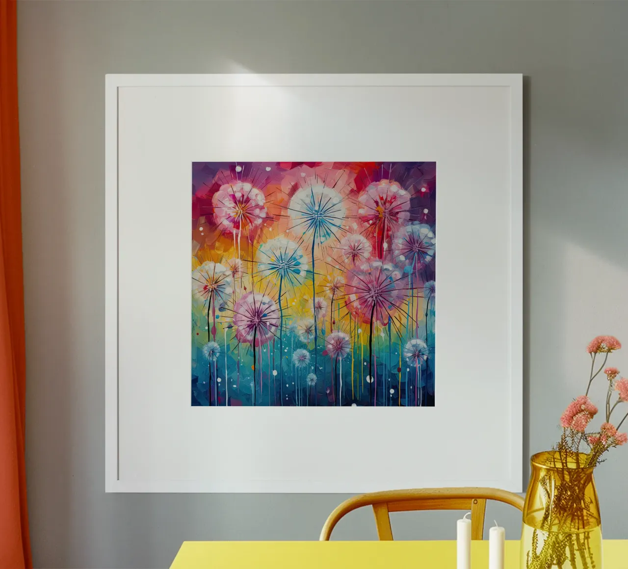 Denti di leone dai colori vivaci poster con telaio in legno da Imagine